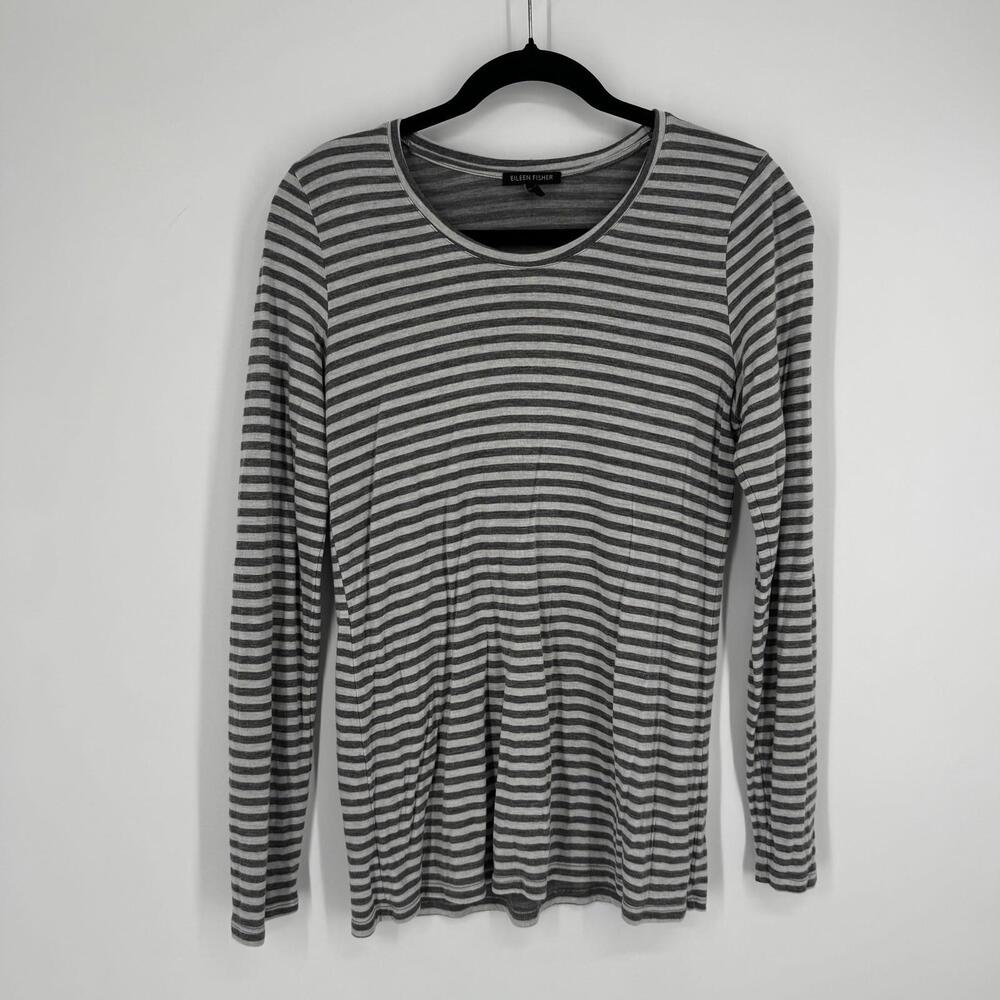 Eileen Fisher Shirt top large L gray striped micromodal cashmere soft fitted